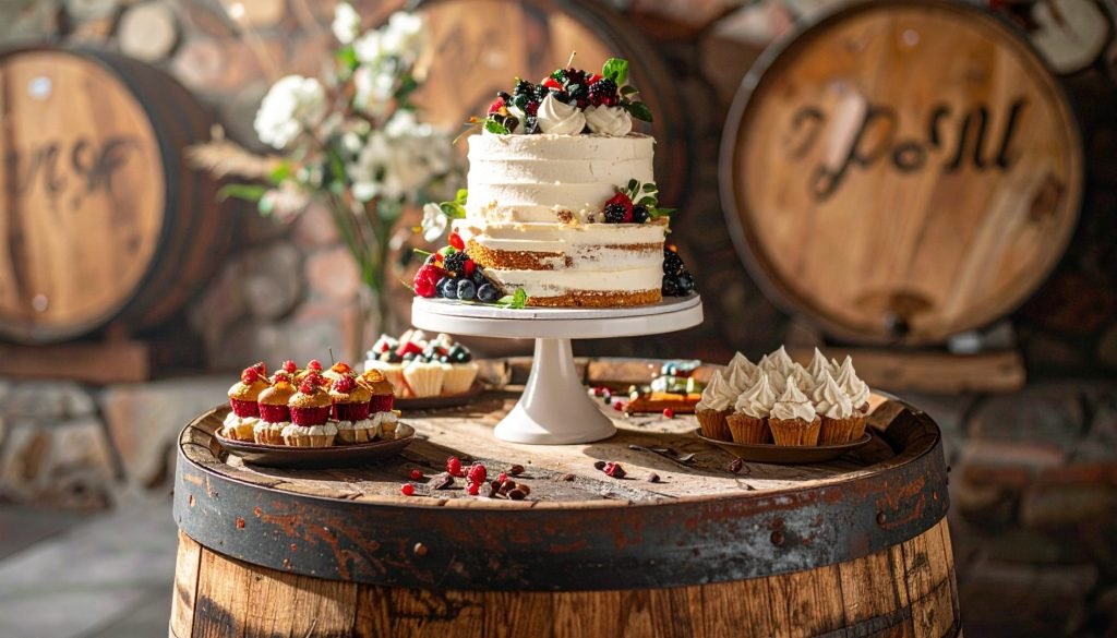 Présentation des desserts sur des tonneaux