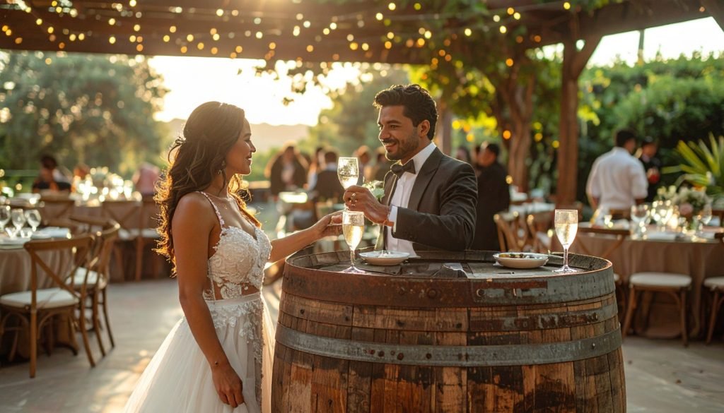 Des îlots constitués de tonneaux pour votre vin d'honneur